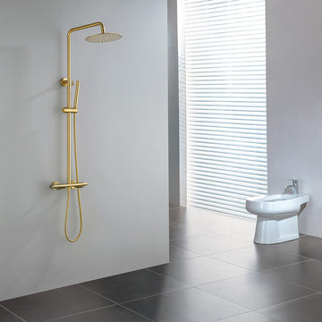 10" Modern Luxury Exposed Shower Fixture Thermostatic Rainfall Shower Head Brushed Gold